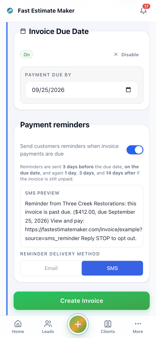 Automatic payment reminder text message with one-tap pay link