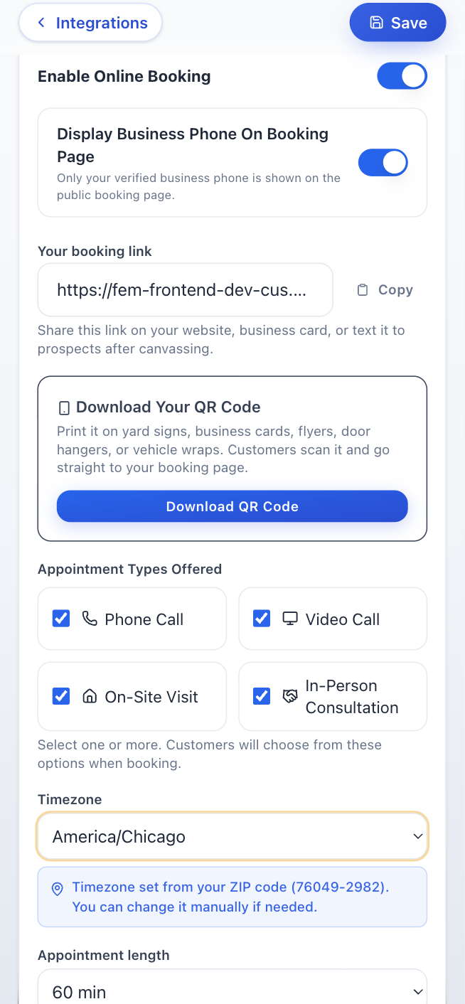 Booking form showing appointment type radio buttons: Phone Call, Video Call, On-Site Visit, In-Person