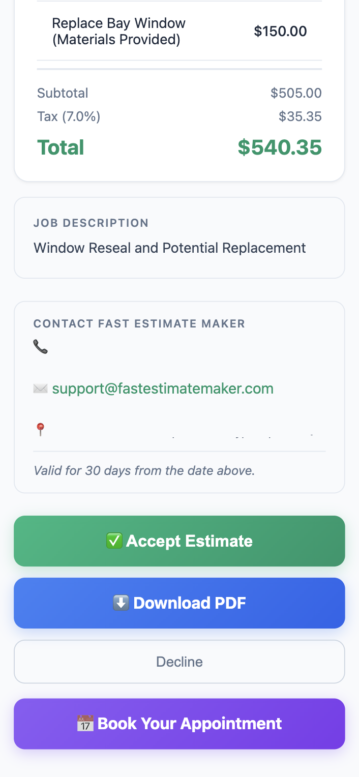 Estimate viewer page with Book Your Appointment CTA button below the estimate