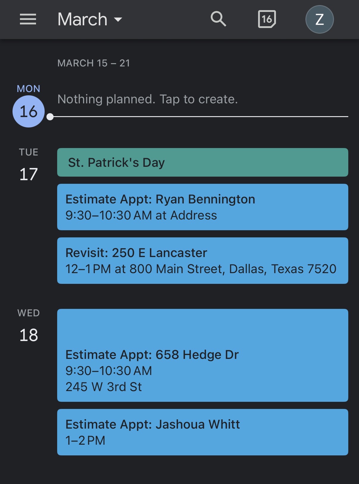 Google Calendar day view showing a booking event with client name, address, and job details
