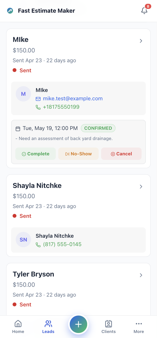 Leads tab showing a booking entry with blue Booked status badge and appointment datetime