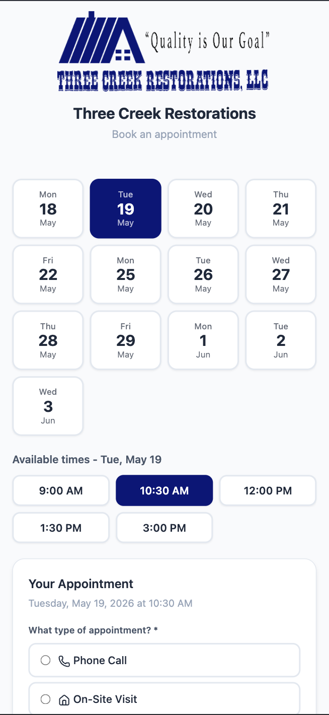 Branded booking page with business name, date picker, and available time slots on mobile