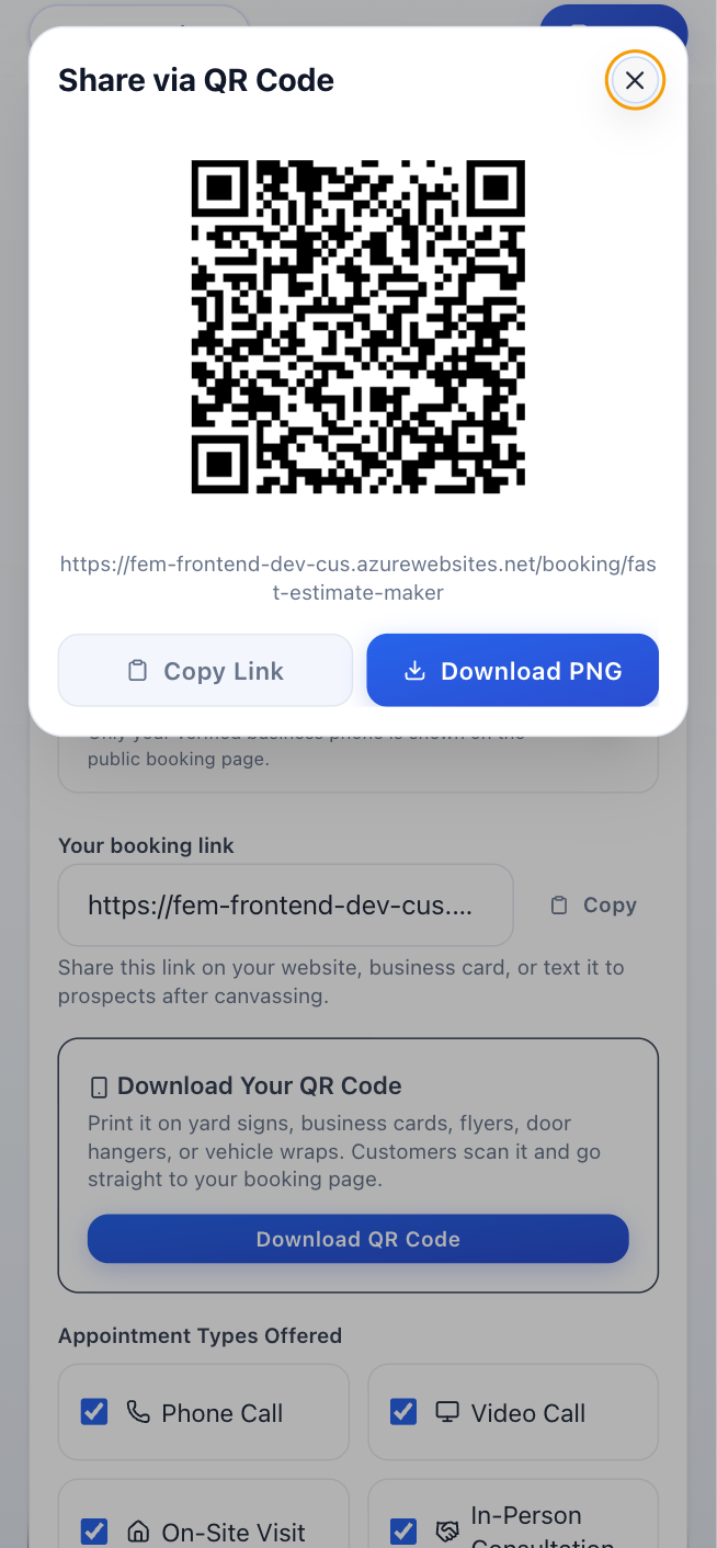 QR code that links to the contractor's online booking page, ready to print on business cards, yard signs, and flyers