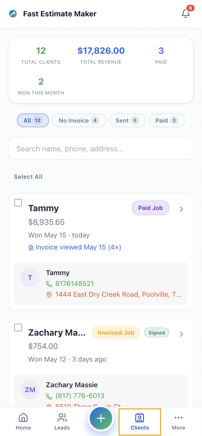 CRM dashboard showing active handyman quotes and pipeline metrics