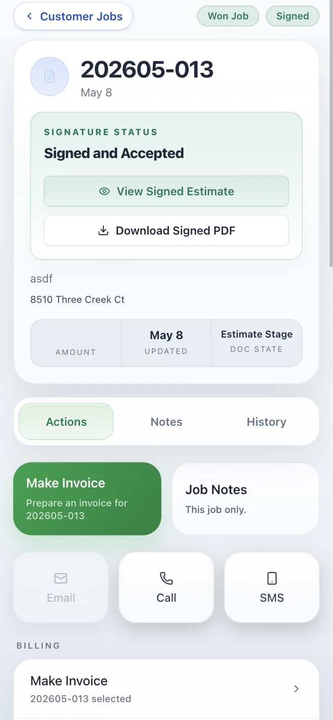 One-tap conversion from accepted estimate to branded invoice with online payment