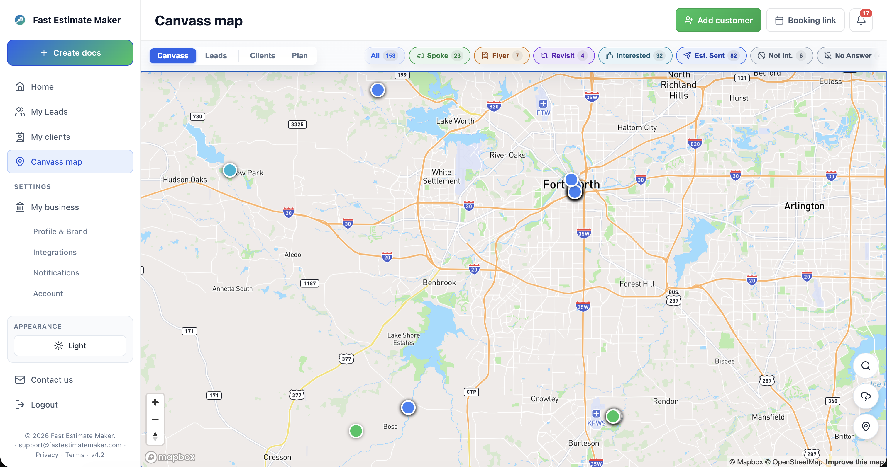 Desktop canvassing map showing contractor prospect pins and route planning