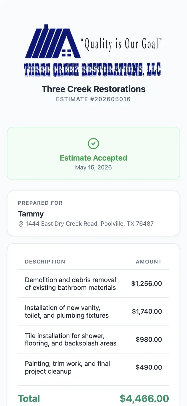 Client viewing a branded estimate on their phone with Accept and Decline buttons