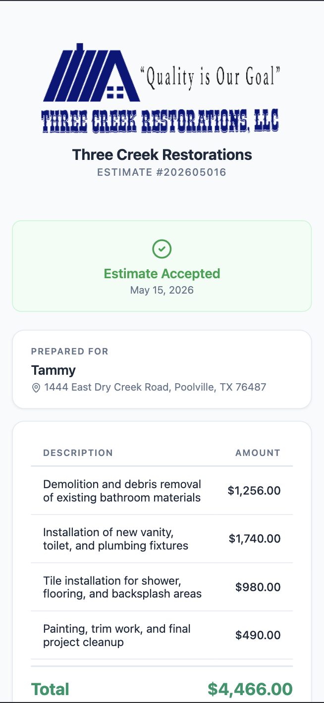 Branded online estimate showing accepted status with professional line items