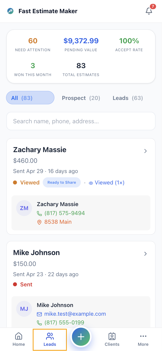Estimate view tracking showing notification with view count, device type, and timestamp