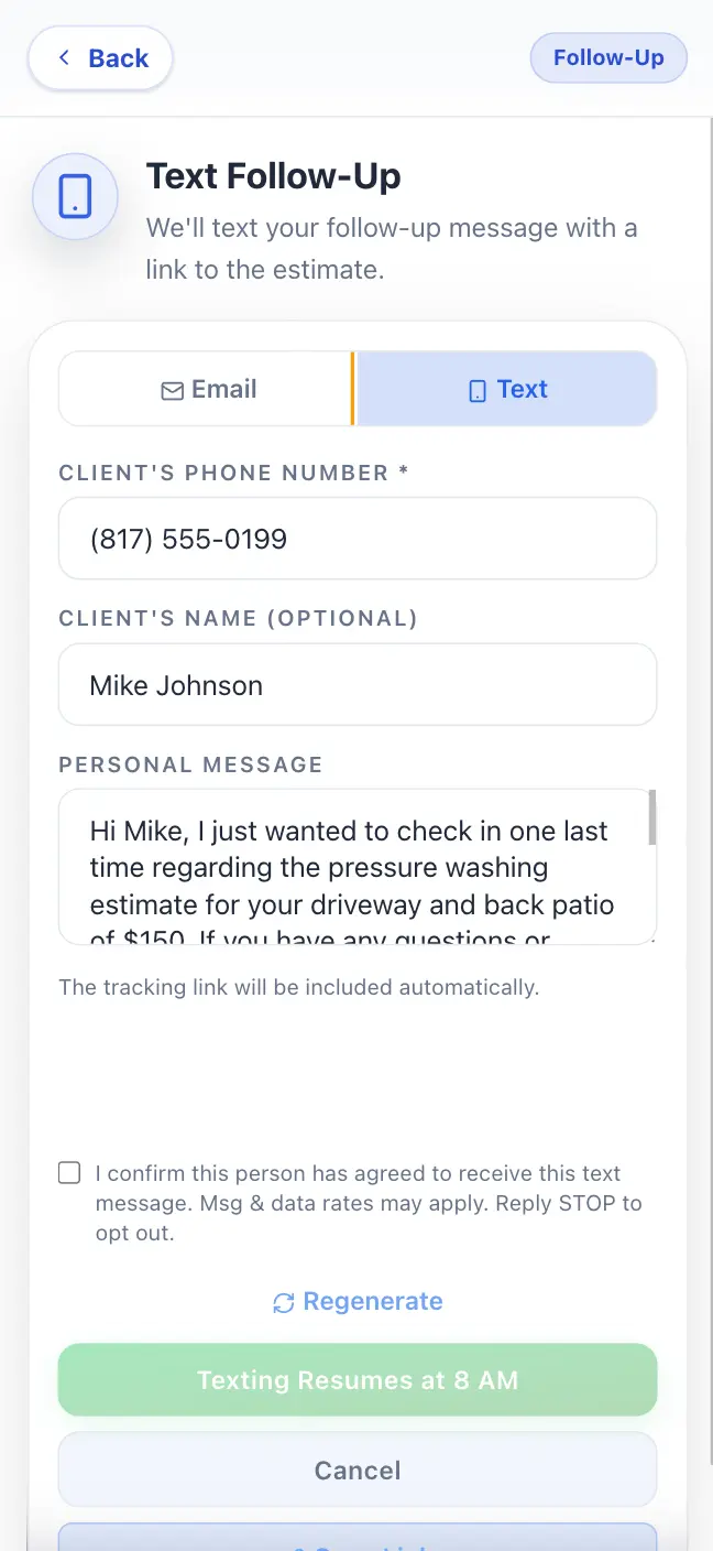 Automated follow-up sequence for a handyman repair quote