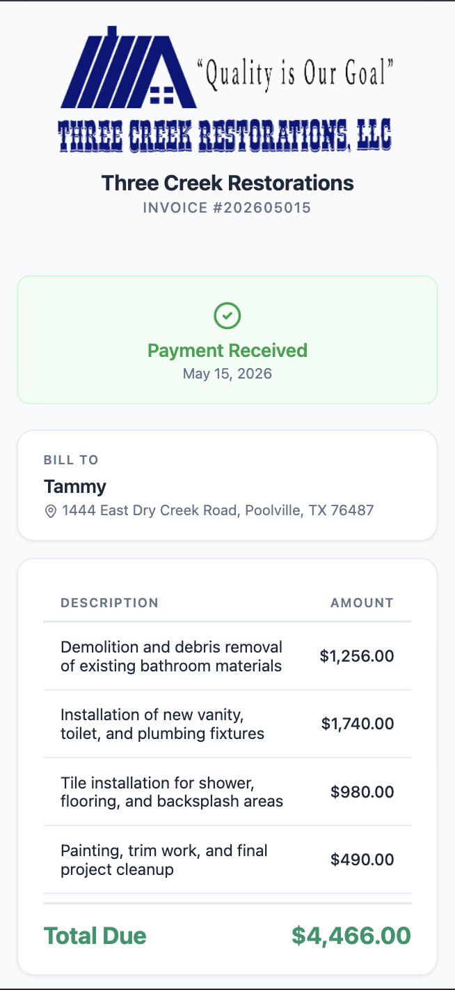Mobile invoice screen showing a paid state, representing an instant owner alert when payment is completed