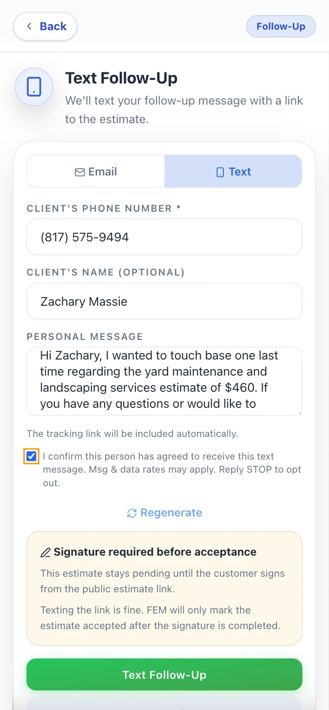 CRM leads dashboard showing follow-up sequences attached to each estimate
