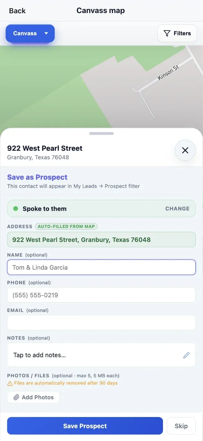 Canvassing map view showing doors knocked in an HVAC sales territory