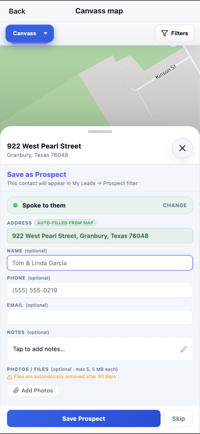 Map view showing color-coded canvassing pins with a quick action panel