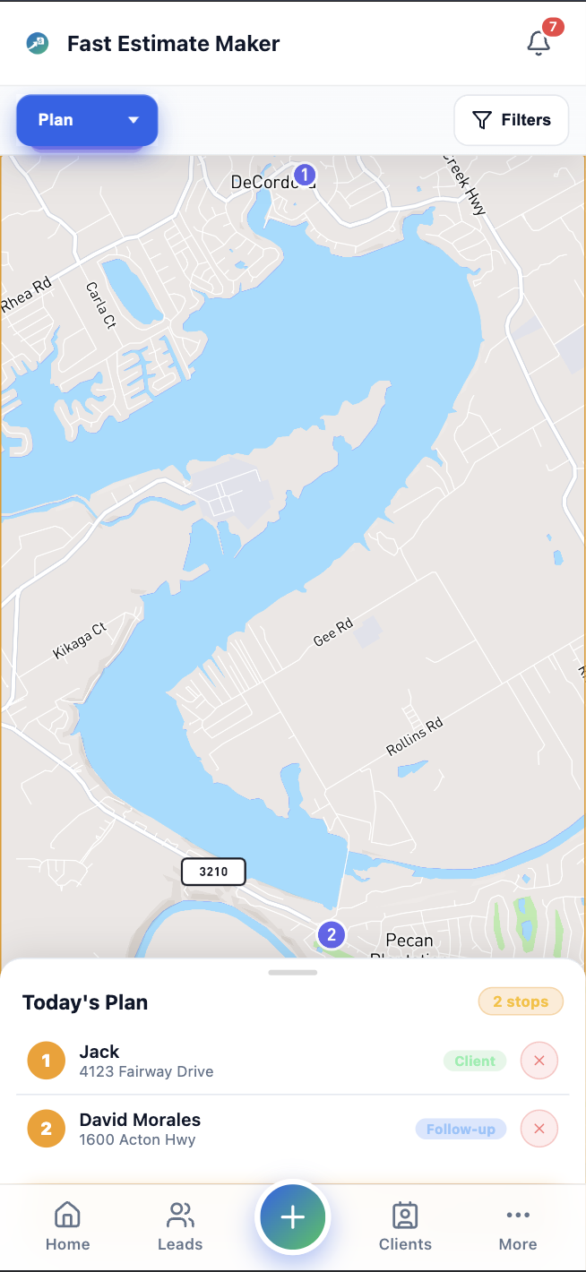 Map view showing a numbered route with pins for revisits follow-ups and prospects