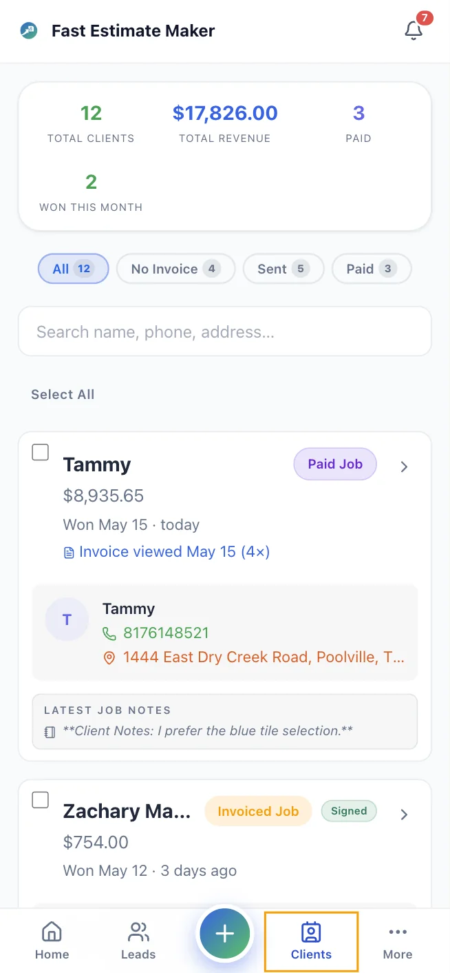 Mobile phone showing a CRM pipeline view with leads on a map