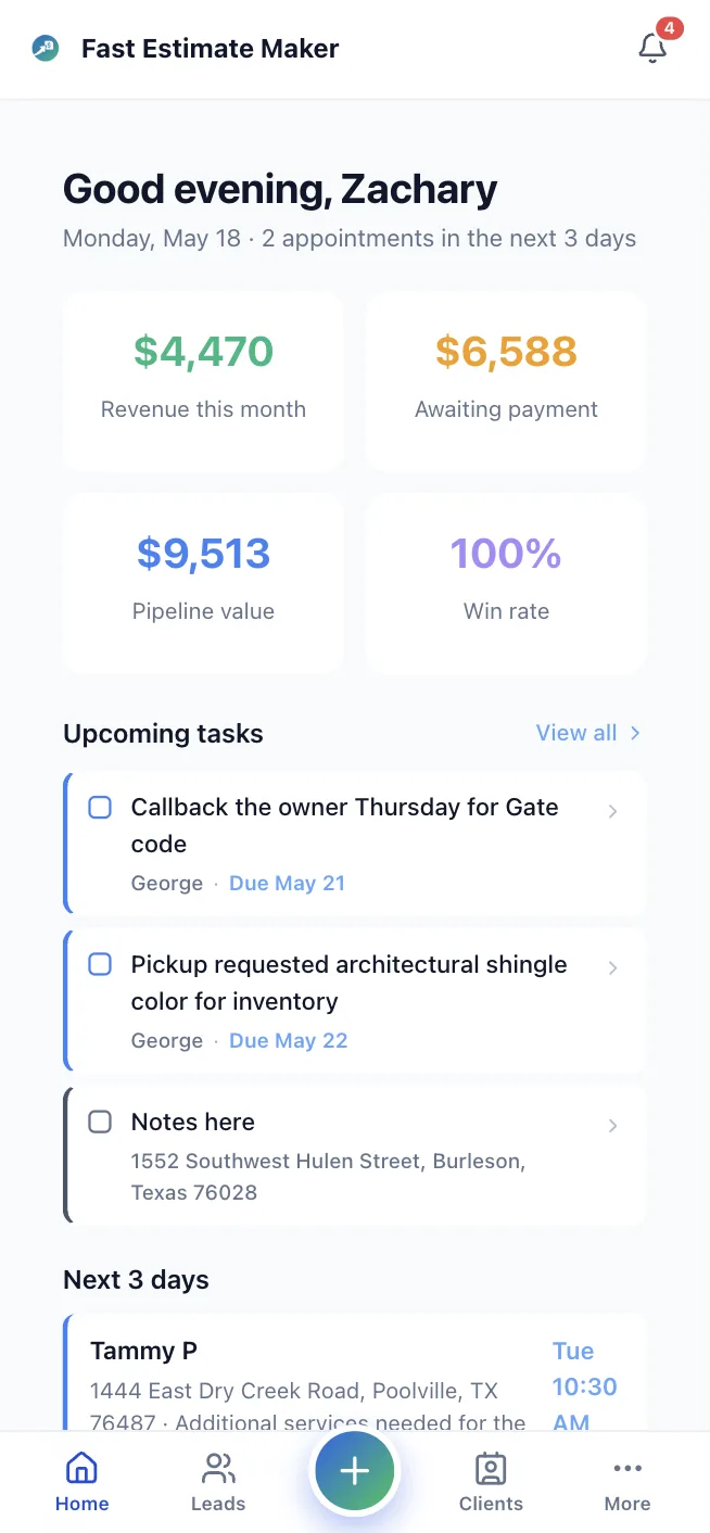 Mobile CRM home dashboard showing lead pipeline and customer records