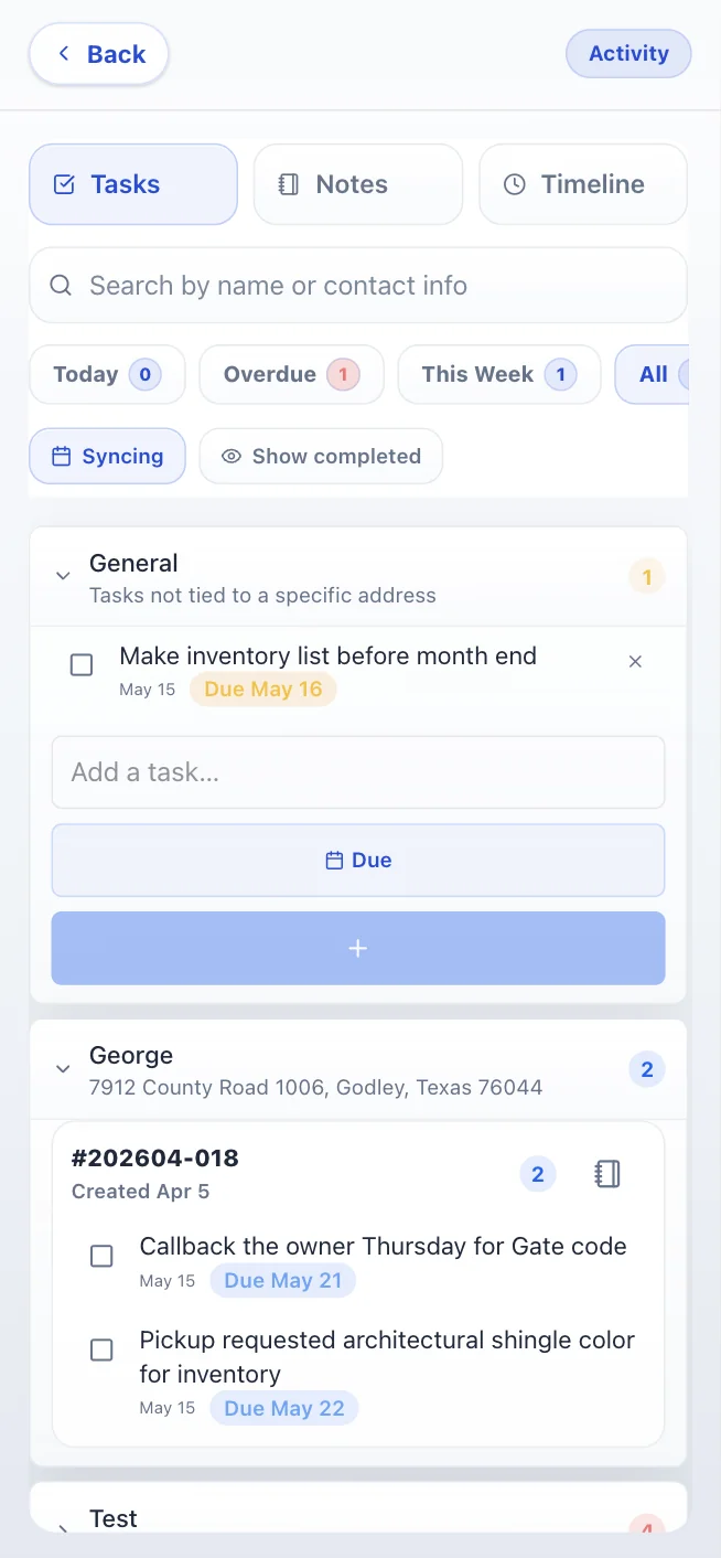 My Tasks view showing checklist items organized by client with due dates and Google or Zoho Calendar sync