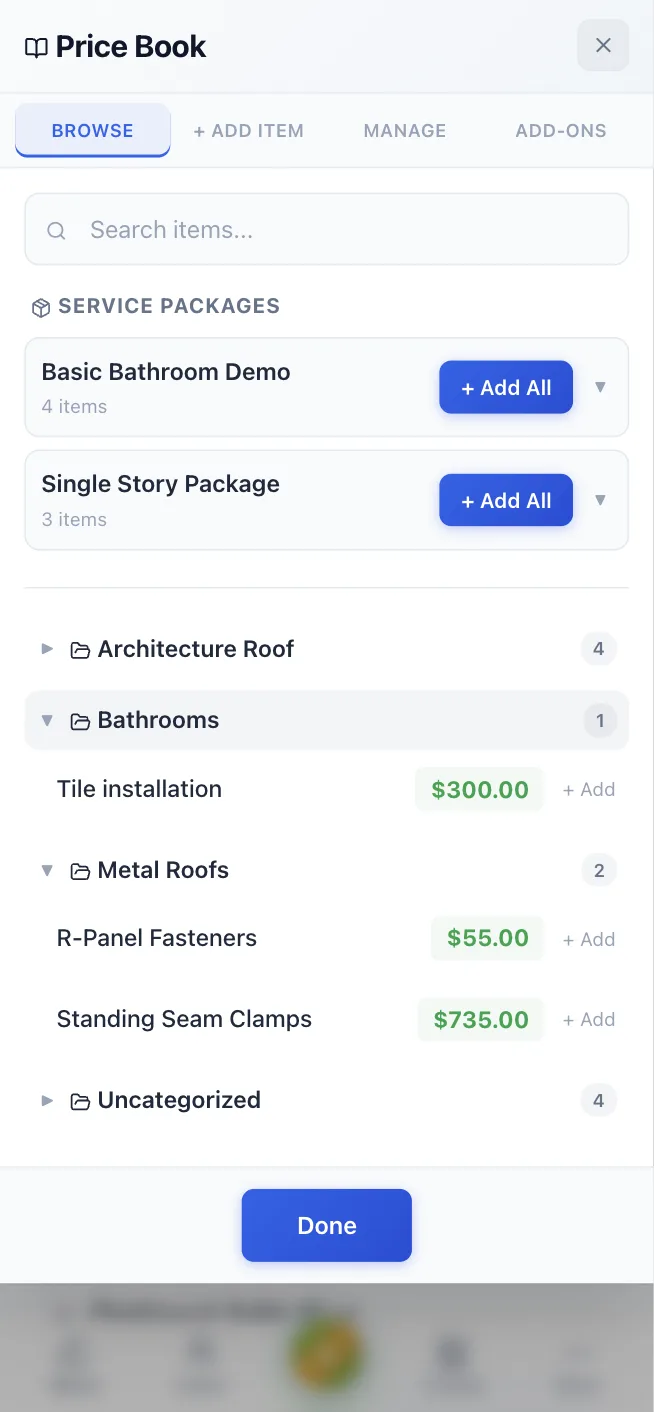 Handyman quote with organized line items by category