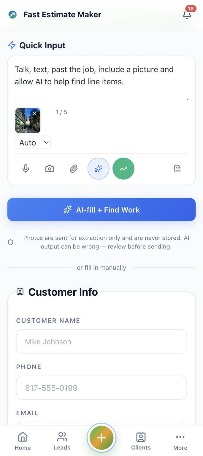 Voice input screen generating an itemized handyman quote with AI