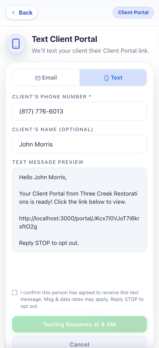 iOS text message showing a branded estimate link preview with business logo
