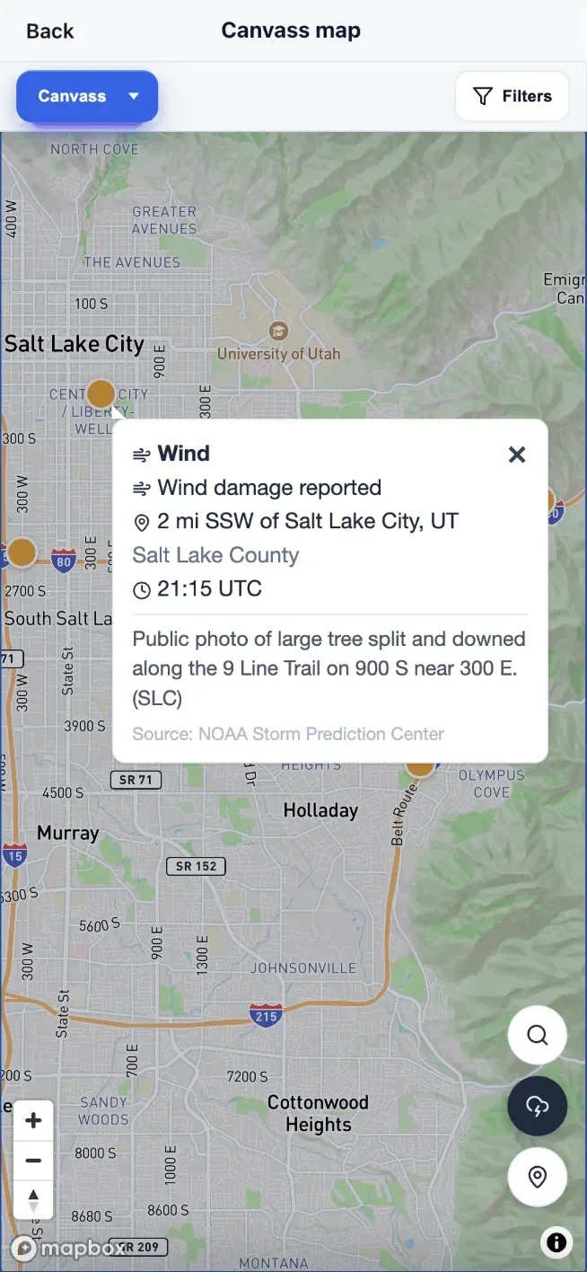 NOAA storm overlay map showing hail, tornado, and wind reports on canvass map