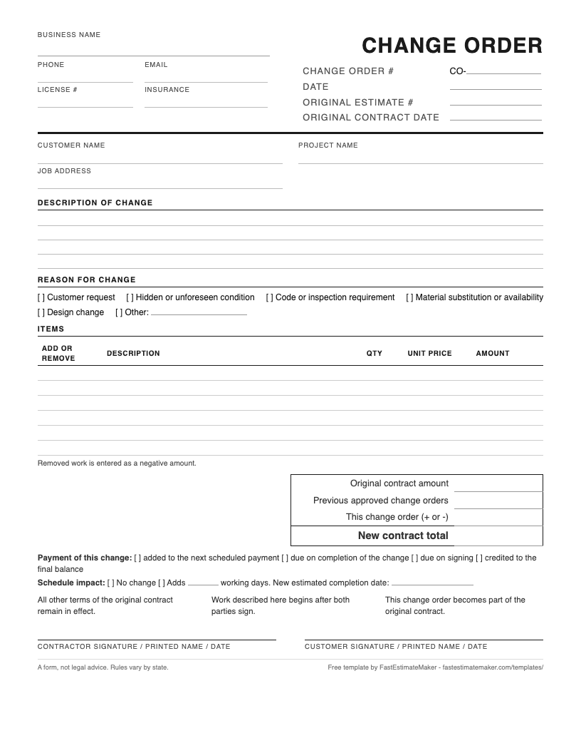 Preview of the free change order template - a one-page printable PDF