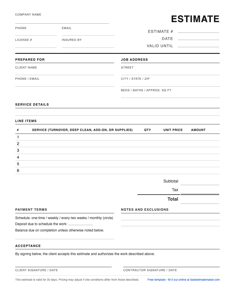 Preview of the free cleaning estimate template - a one-page printable PDF