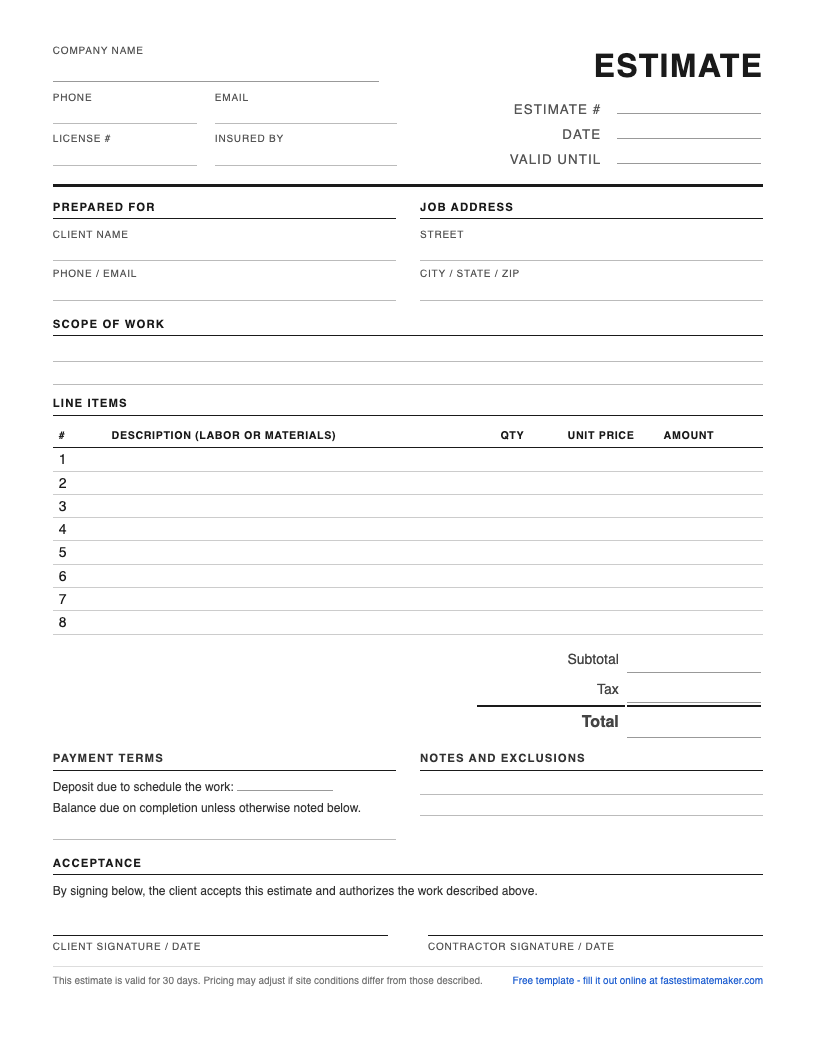 Preview of the free contractor estimate template - a one-page printable PDF