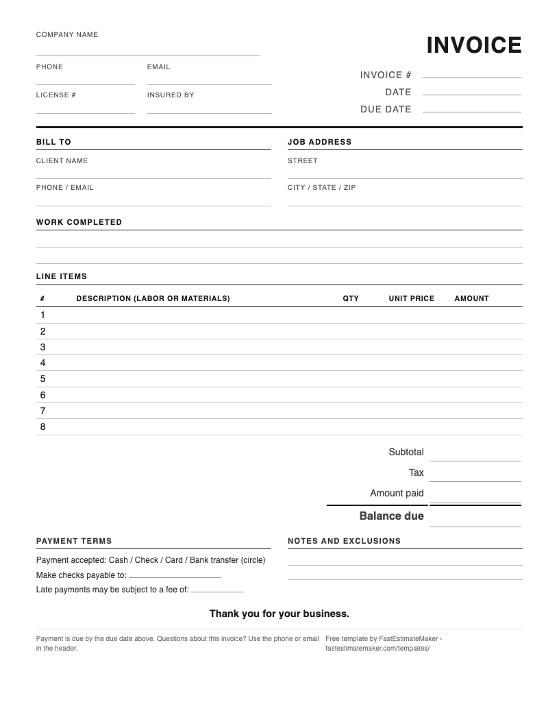 Preview of the free contractor invoice template - a one-page printable PDF