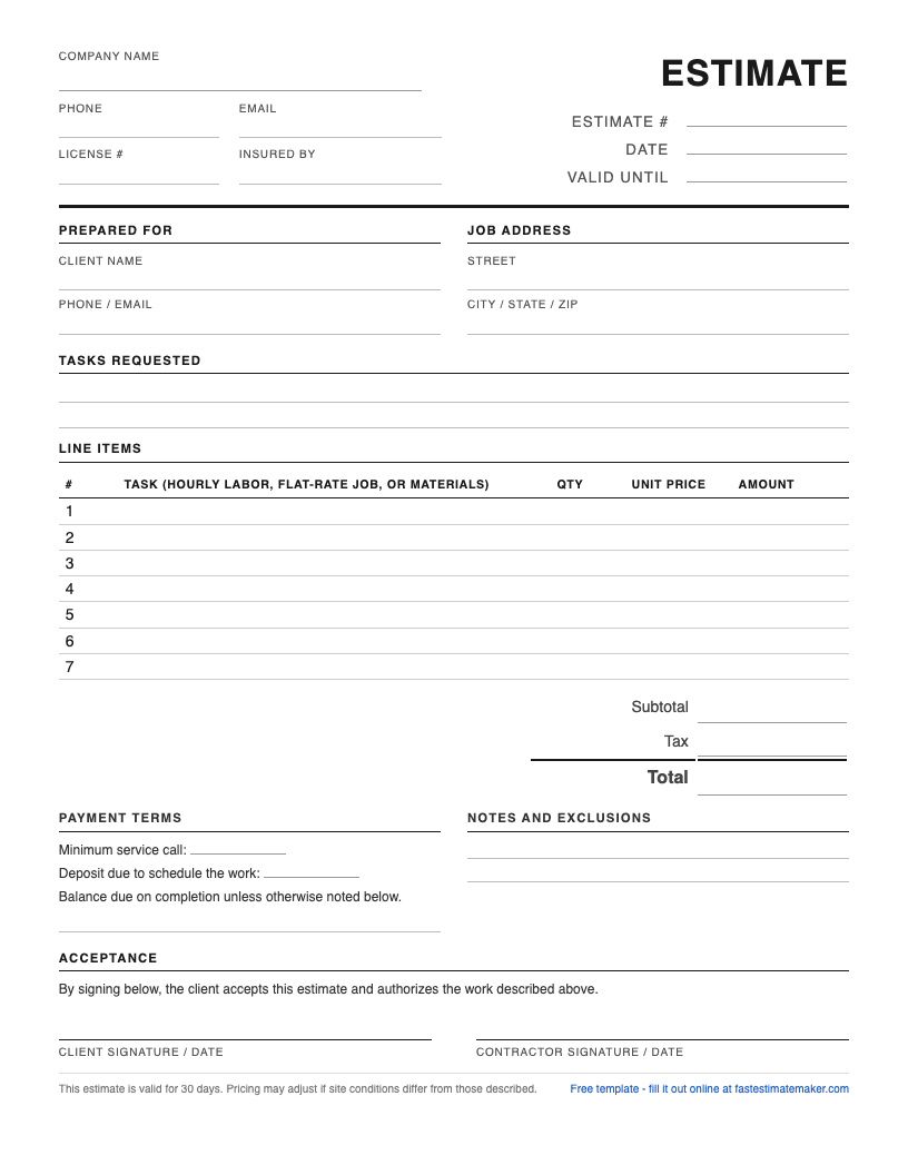 Preview of the free handyman estimate template - a one-page printable PDF