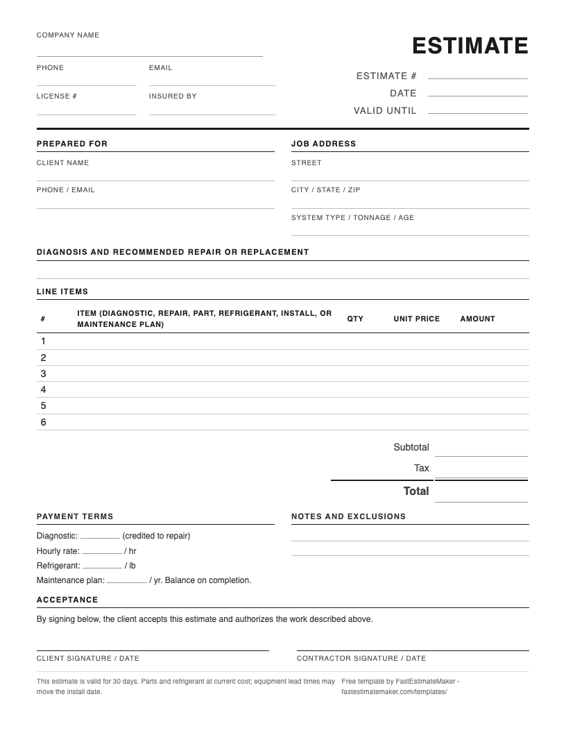 Preview of the free hvac estimate template - a one-page printable PDF