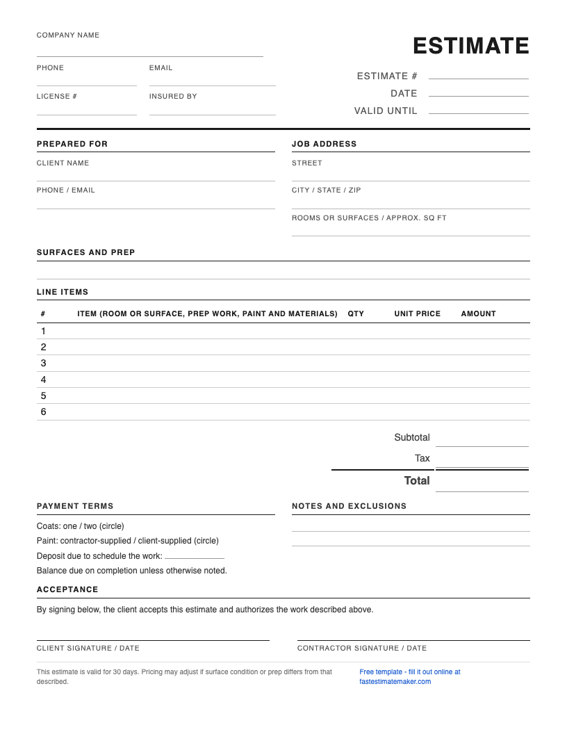Preview of the free painting estimate template - a one-page printable PDF
