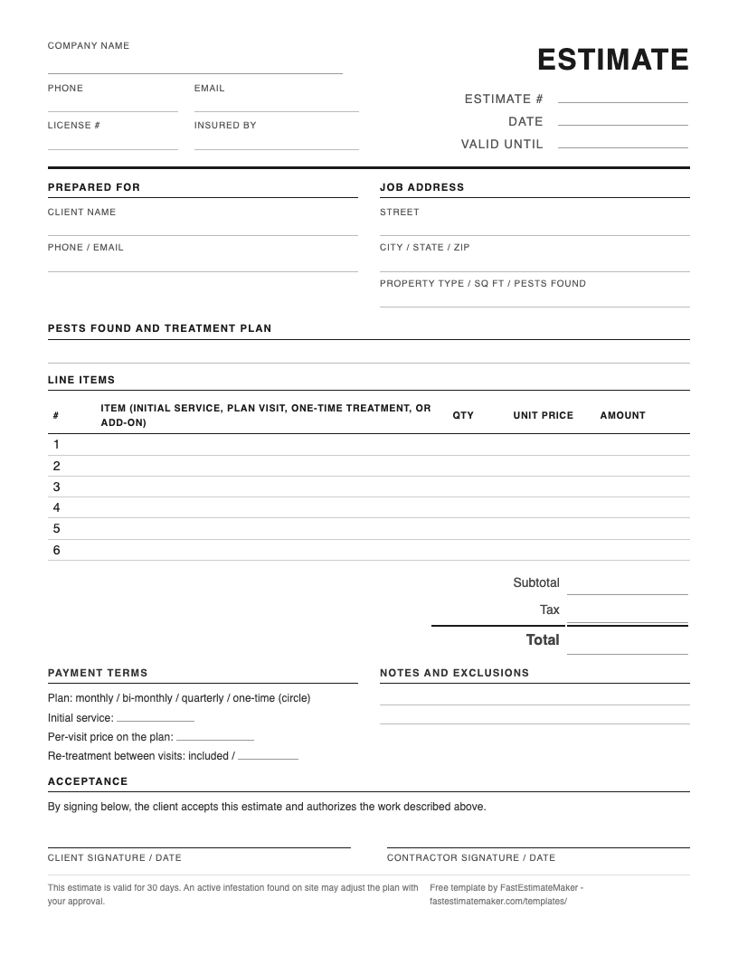 Preview of the free pest control estimate template - a one-page printable PDF