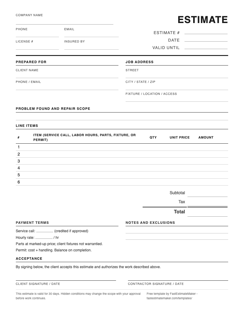 Preview of the free plumbing estimate template - a one-page printable PDF