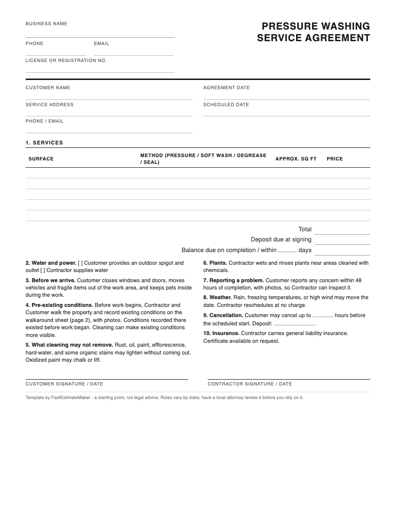 Preview of the free pressure washing contract template - a two-page printable PDF