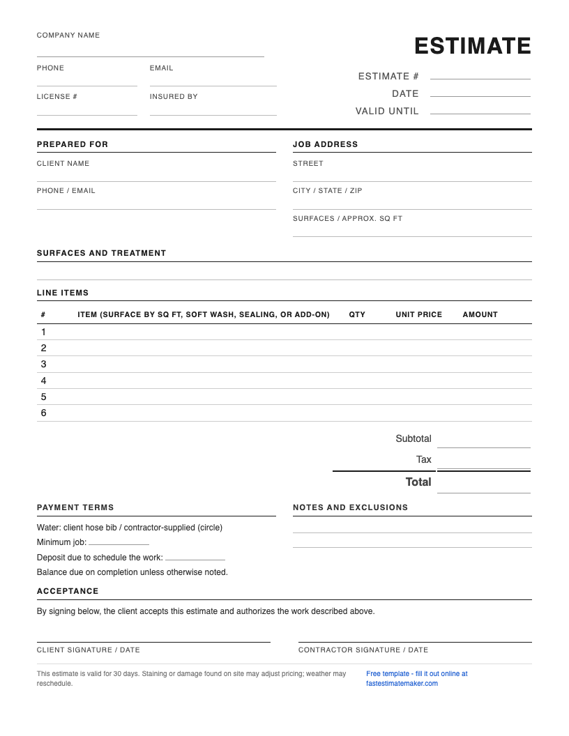 Preview of the free pressure washing estimate template - a one-page printable PDF
