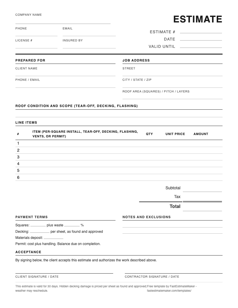 Preview of the free roofing estimate template - a one-page printable PDF